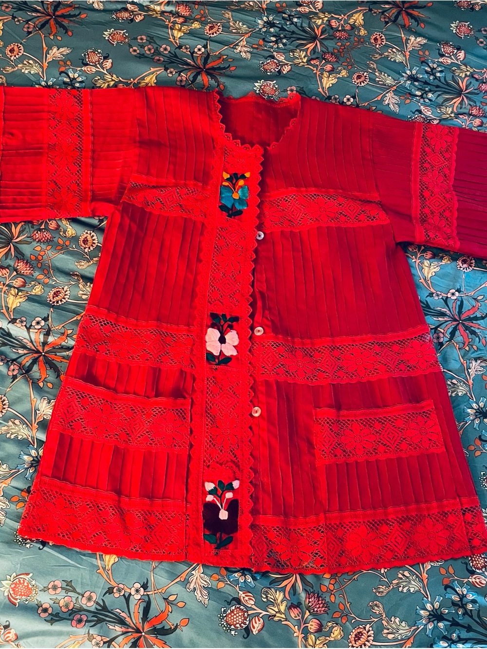 Embroidered Red Button-Front Boho Dress-Vintage